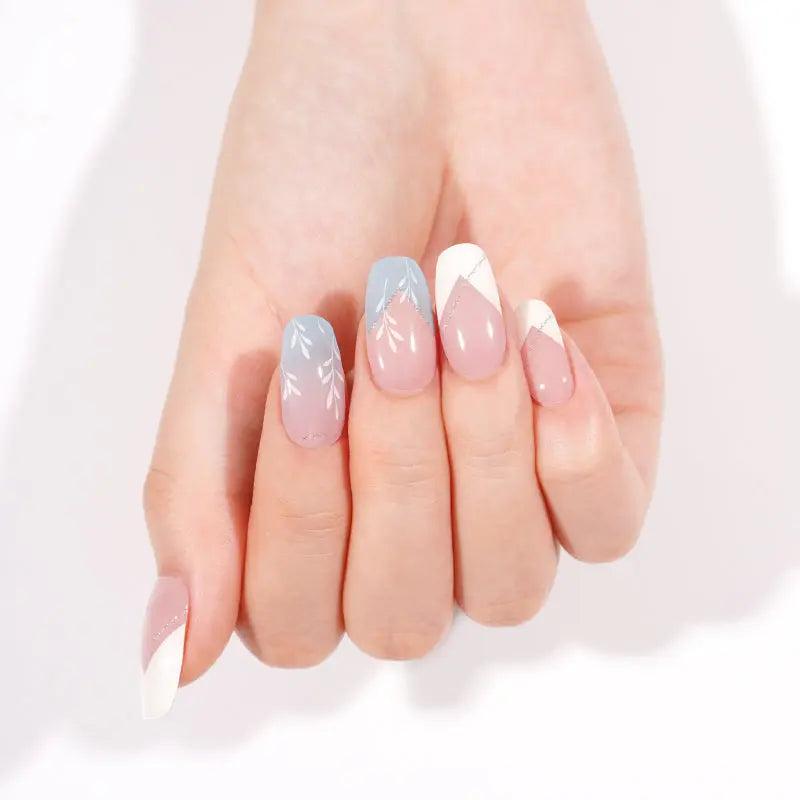 Smalto Semipermanente Adesivo in Gel OhNailly - Azzurro Bianco French e Fiori | Gel Nail Wraps 20 Pezzi | Manicure Fai da Te Veloce