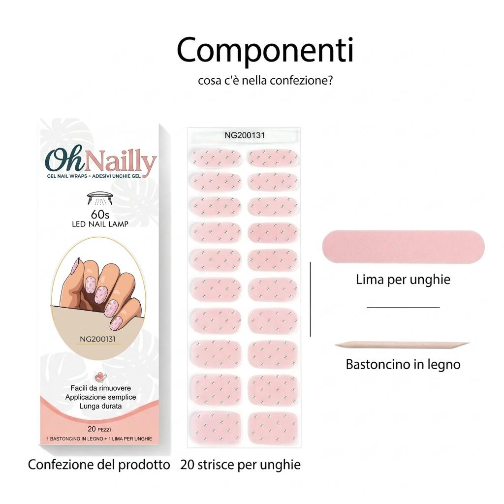 Smalto Semipermanente Adesivo in Gel OhNailly - Rosa Metallico | Gel Nail Wraps 20 Pezzi | Manicure Fai da Te Veloce