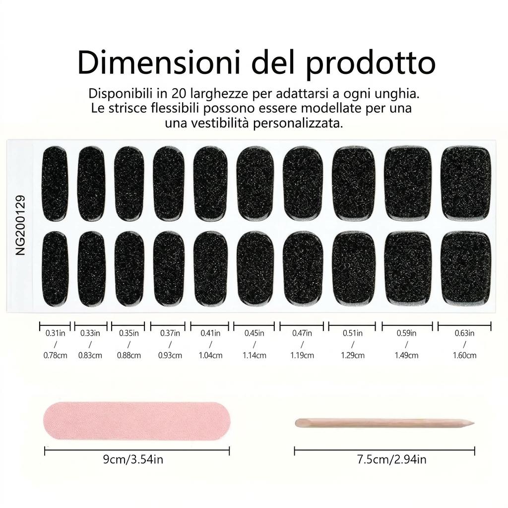 Smalto Semipermanente Adesivo in Gel OhNailly - Nero Glitter | Gel Nail Wraps 20 Pezzi | Manicure Fai da Te Veloce