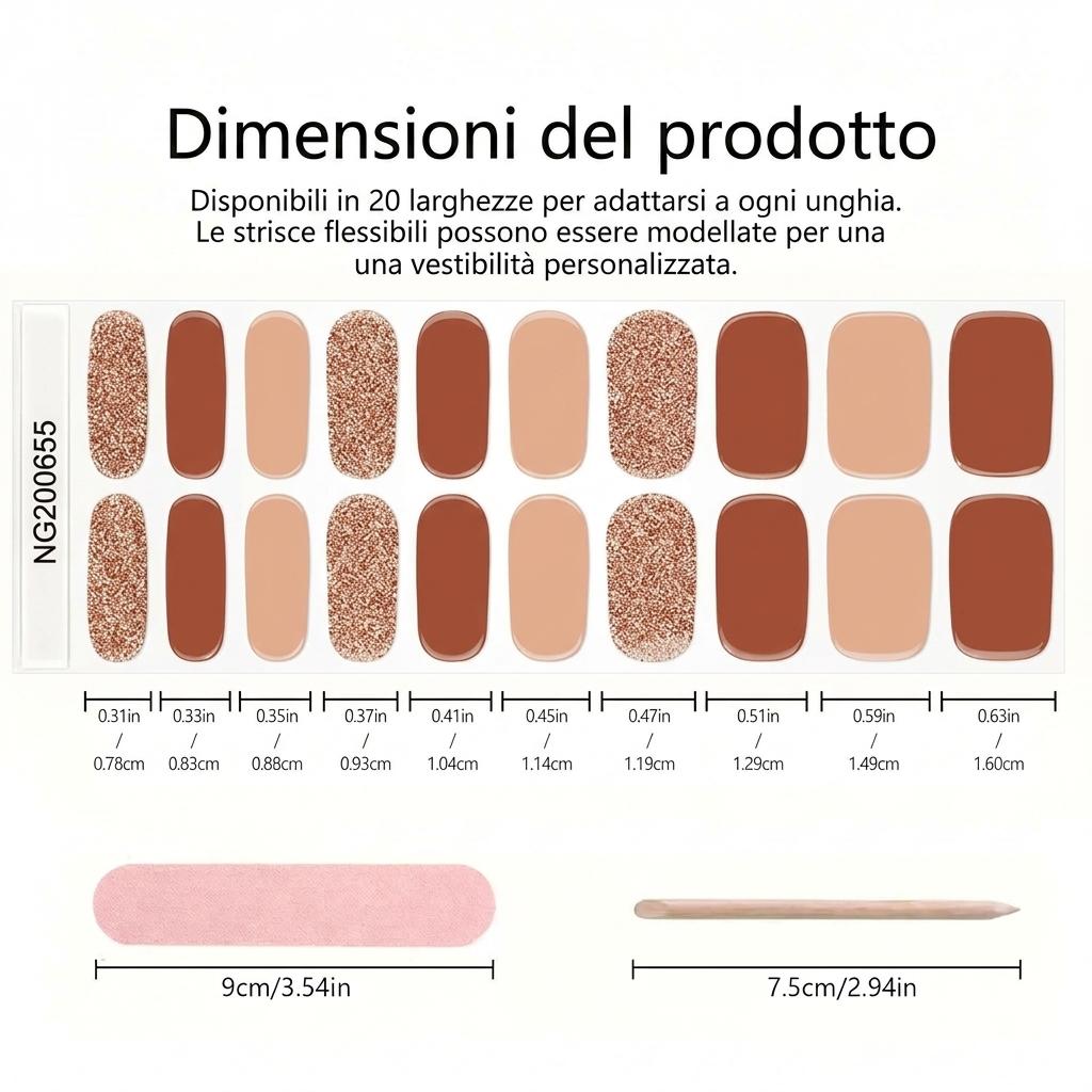Smalto Semipermanente Adesivo in Gel OhNailly - Autunno Glitter Marrone | Gel Nail Wraps 20 Pezzi | Manicure Fai da Te Veloce