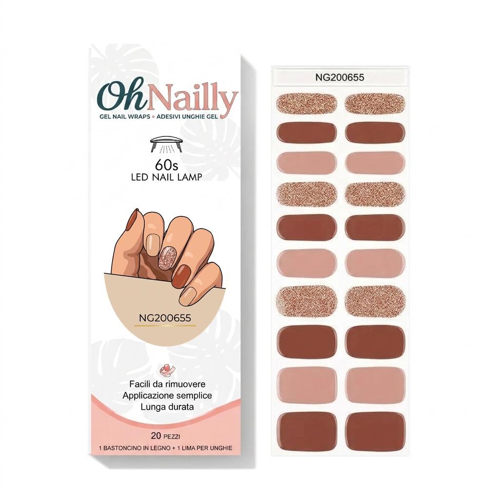 Smalto Semipermanente Adesivo in Gel OhNailly - Autunno Glitter Marrone | Gel Nail Wraps 20 Pezzi | Manicure Fai da Te Veloce