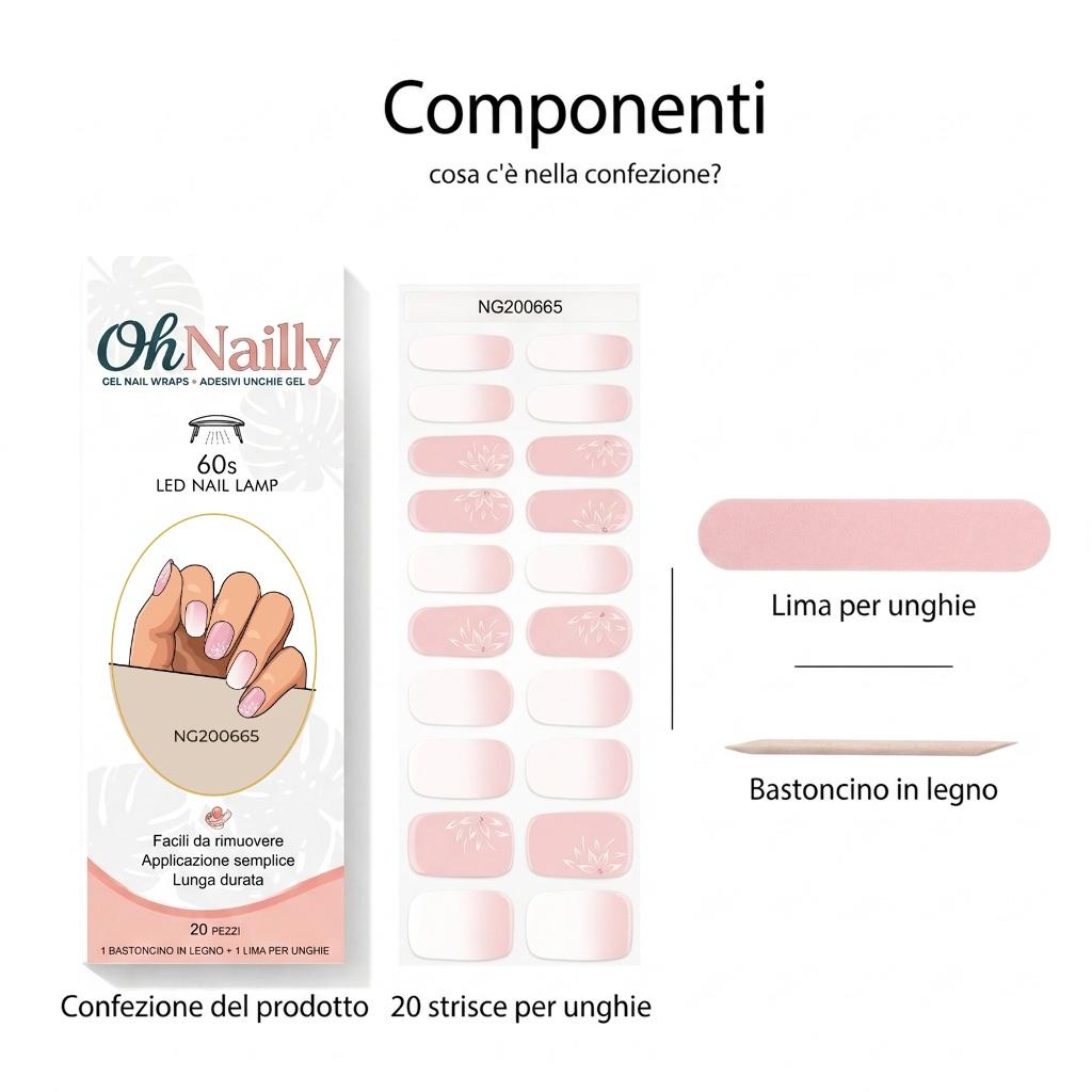 Smalto Semipermanente Adesivo in Gel OhNailly - baby boomer Rosa e Fiori | Gel Nail Wraps 20 Pezzi | Manicure Fai da Te Veloce