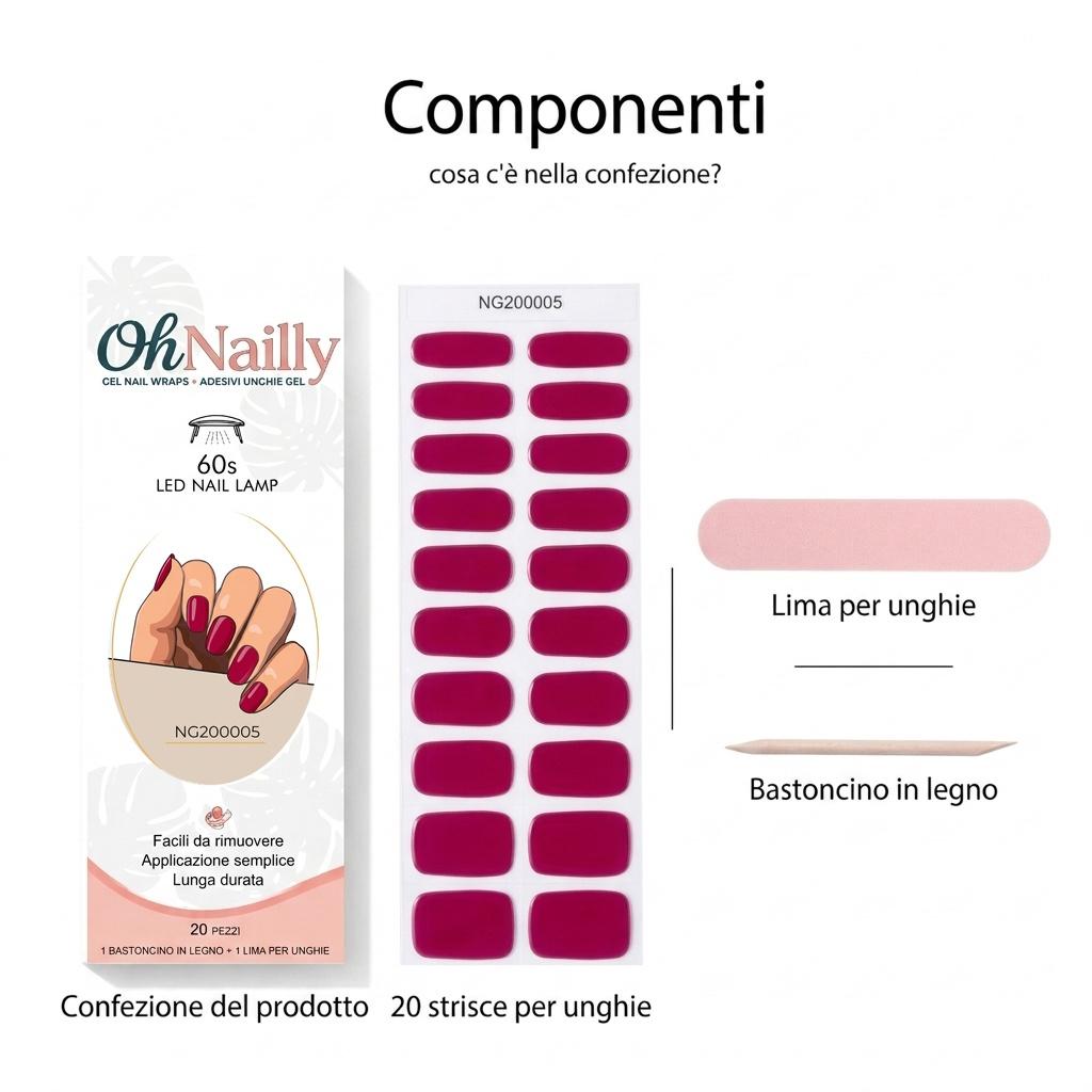 Smalto Semipermanente Adesivo in Gel OhNailly - Rosso Charm | Gel Nail Wraps 20 Pezzi | Manicure Fai da Te Veloce
