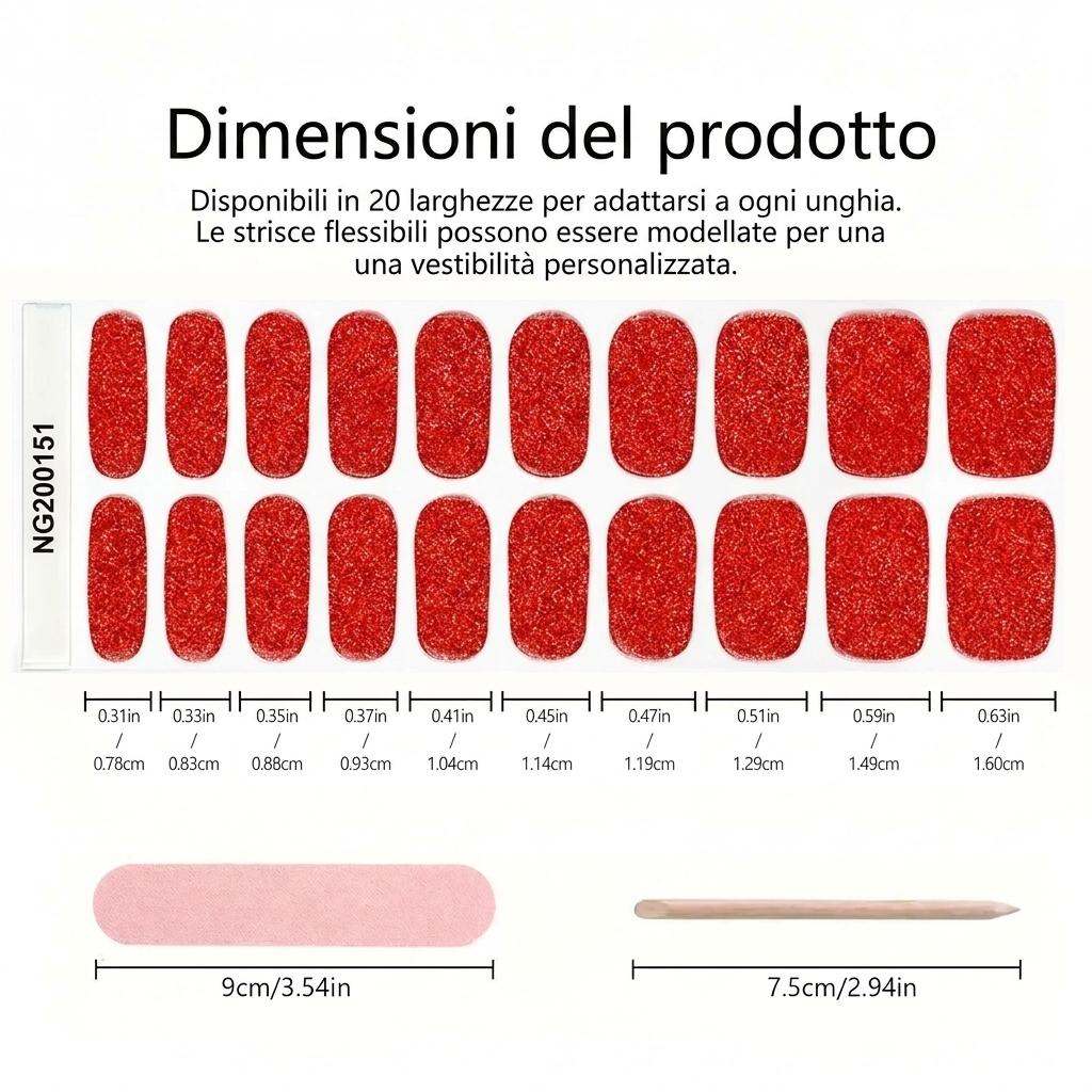 Smalto Semipermanente Adesivo in Gel OhNailly - Rosso Glitter | Gel Nail Wraps 20 Pezzi | Manicure Fai da Te Veloce