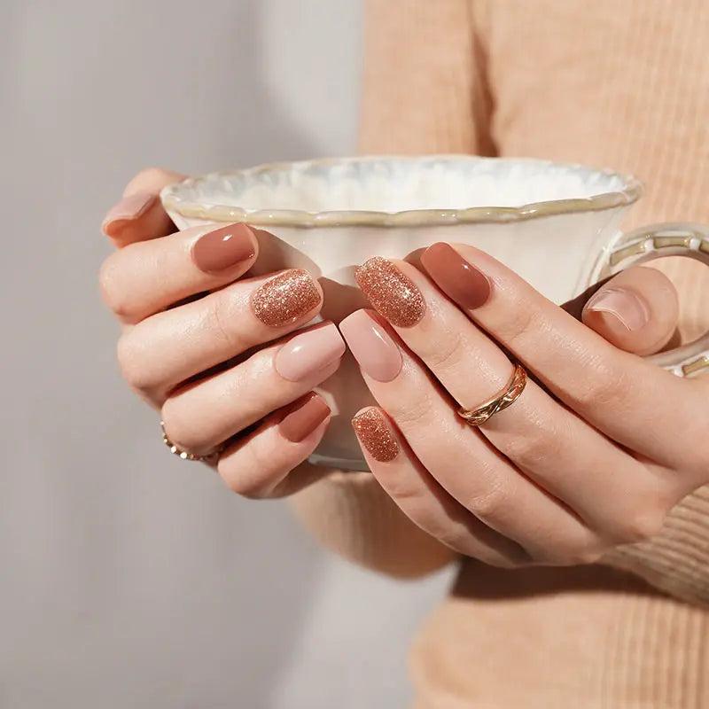 Smalto Semipermanente Adesivo in Gel OhNailly - Autunno Glitter Marrone | Gel Nail Wraps 20 Pezzi | Manicure Fai da Te Veloce