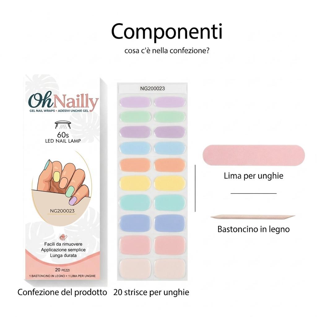 Smalto Semipermanente Adesivo in Gel OhNailly - Colori Pastello | Gel Nail Wraps 20 Pezzi | Manicure Fai da Te Veloce