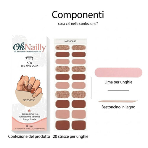 Smalto Semipermanente Adesivo in Gel OhNailly - Autunno Glitter Marrone | Gel Nail Wraps 20 Pezzi | Manicure Fai da Te Veloce
