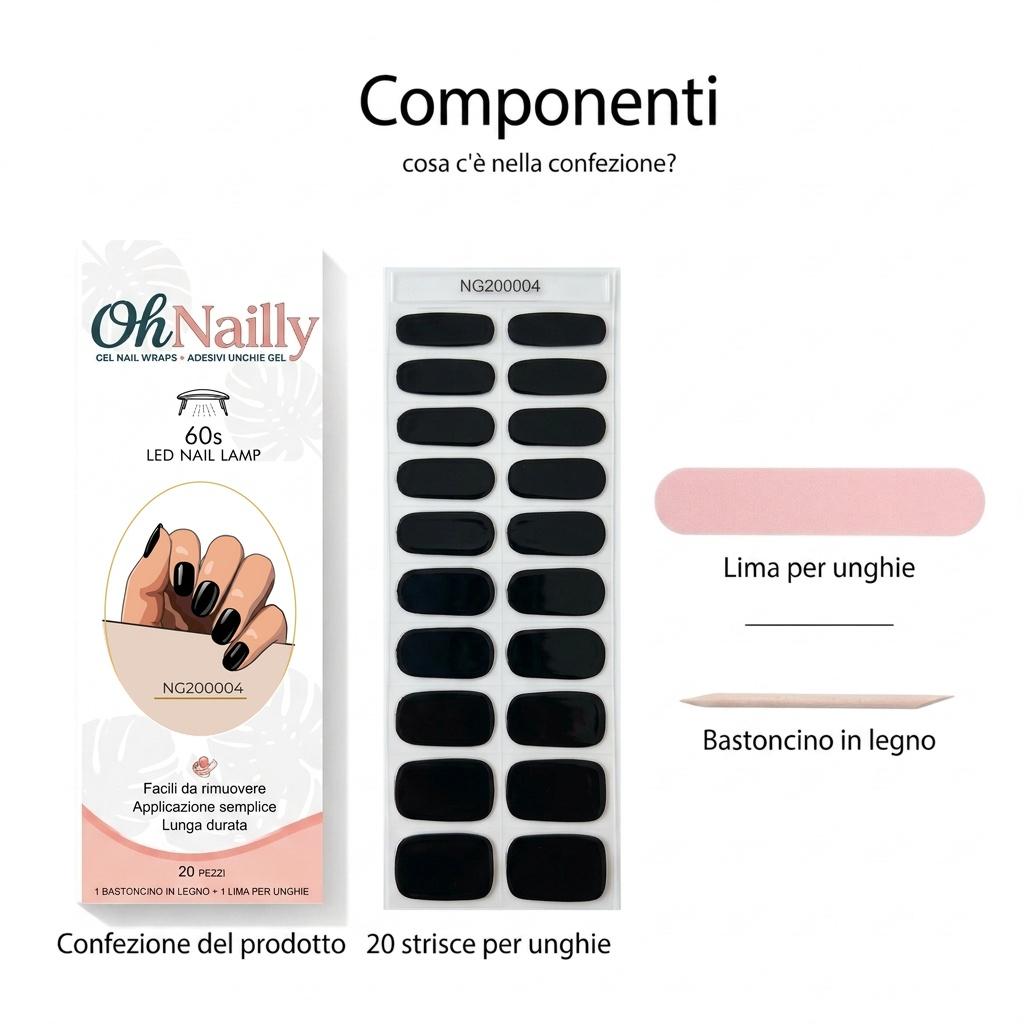 Smalto Semipermanente Adesivo in Gel OhNailly - Nero | Gel Nail Wraps 20 Pezzi | Manicure Fai da Te Veloce