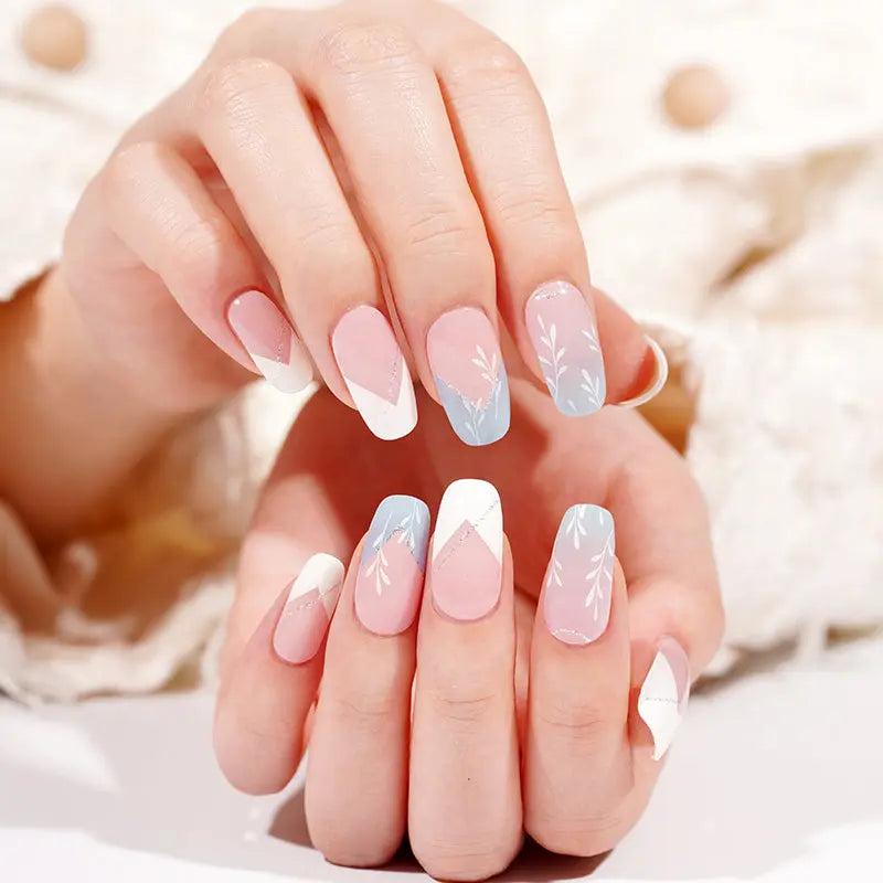Smalto Semipermanente Adesivo in Gel OhNailly - Azzurro Bianco French e Fiori | Gel Nail Wraps 20 Pezzi | Manicure Fai da Te Veloce
