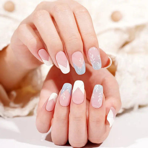 Smalto Semipermanente Adesivo in Gel OhNailly - Azzurro Bianco French e Fiori | Gel Nail Wraps 20 Pezzi | Manicure Fai da Te Veloce