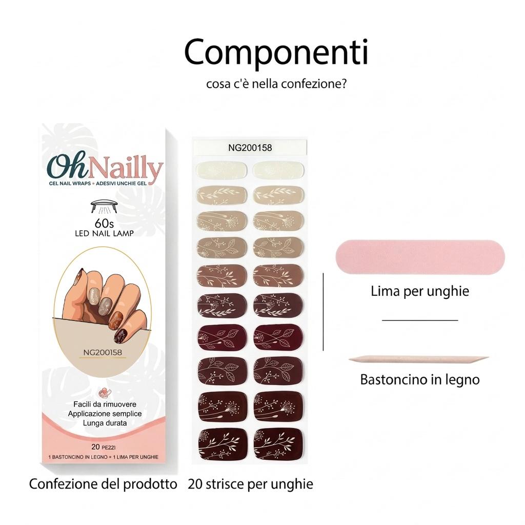 Smalto Semipermanente Adesivo in Gel OhNailly - floreale stilizzato | Gel Nail Wraps 20 Pezzi | Manicure Fai da Te Veloce
