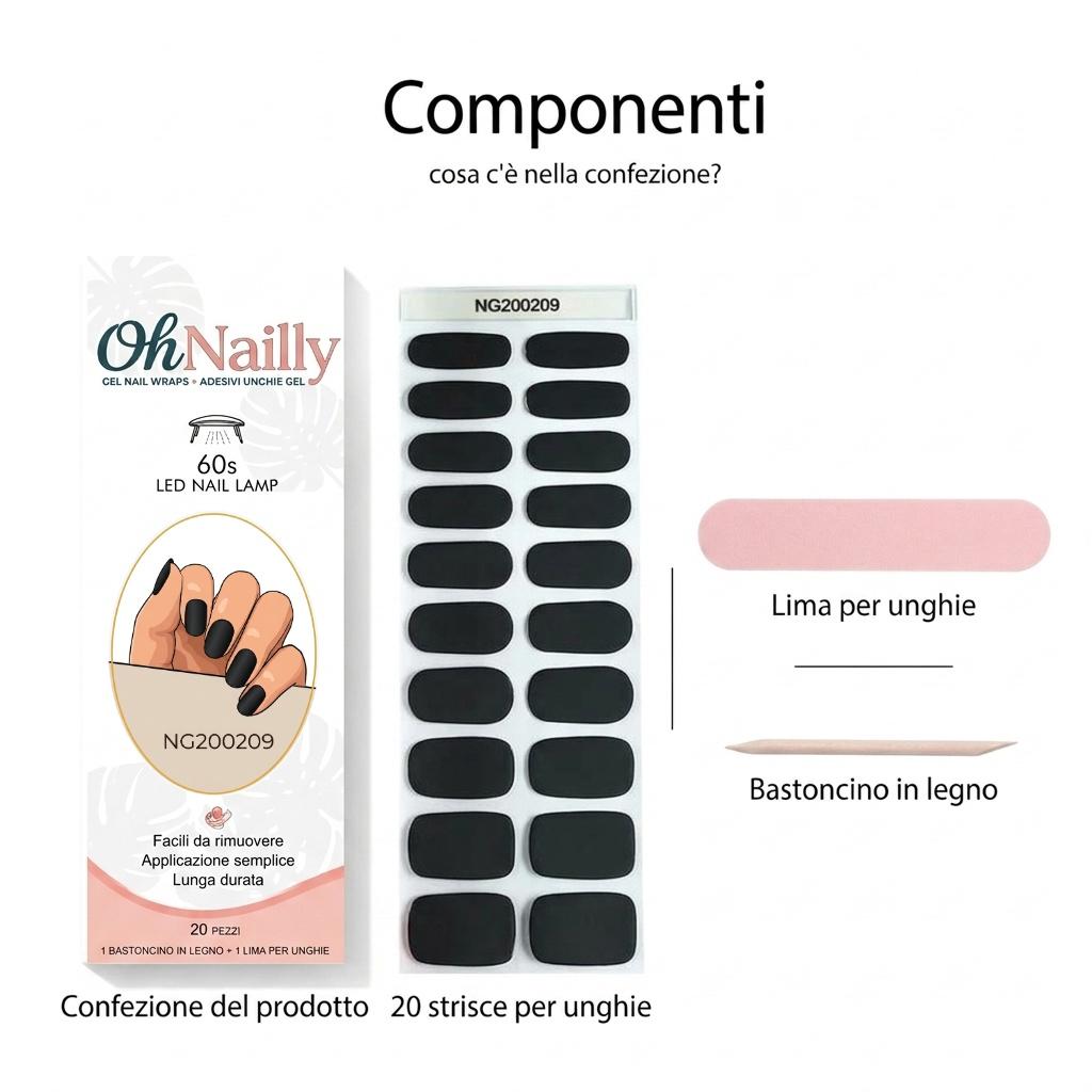 Smalto Semipermanente Adesivo in Gel OhNailly - Nero Opaco | Gel Nail Wraps 20 Pezzi | Manicure Fai da Te Veloce