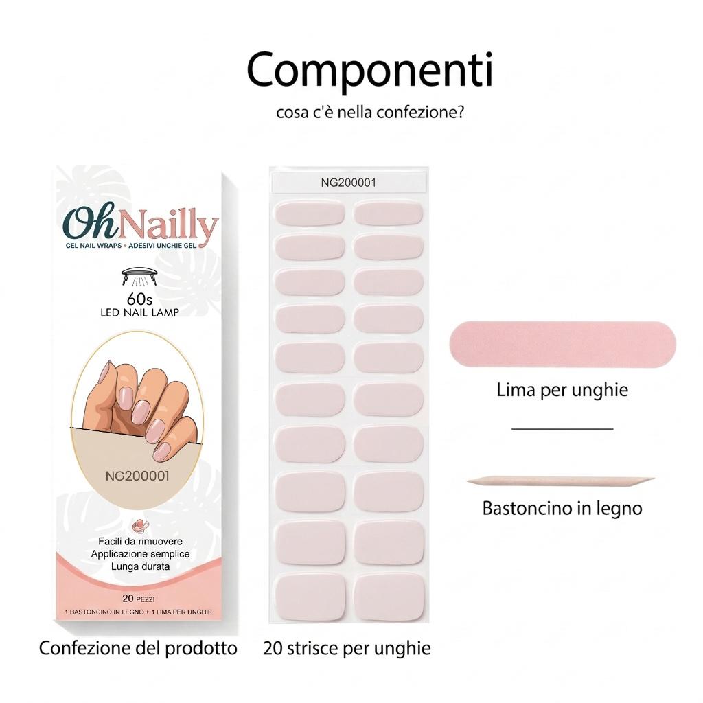 Smalto Semipermanente Adesivo in Gel OhNailly - Rosa Chiaro | Gel Nail Wraps 20 Pezzi | Manicure Fai da Te Veloce