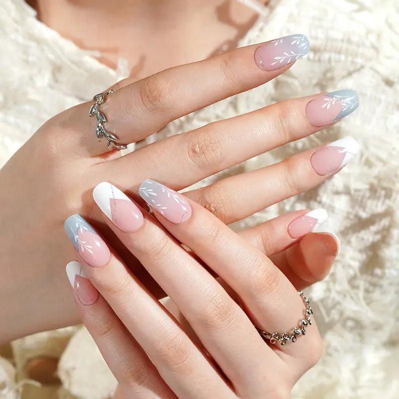 Smalto Semipermanente Adesivo in Gel OhNailly - Azzurro Bianco French e Fiori | Gel Nail Wraps 20 Pezzi | Manicure Fai da Te Veloce