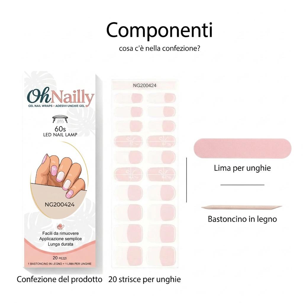 Smalto Semipermanente Adesivo in Gel OhNailly - French Rosa e Fiocco | Gel Nail Wraps 20 Pezzi | Manicure Fai da Te Veloce