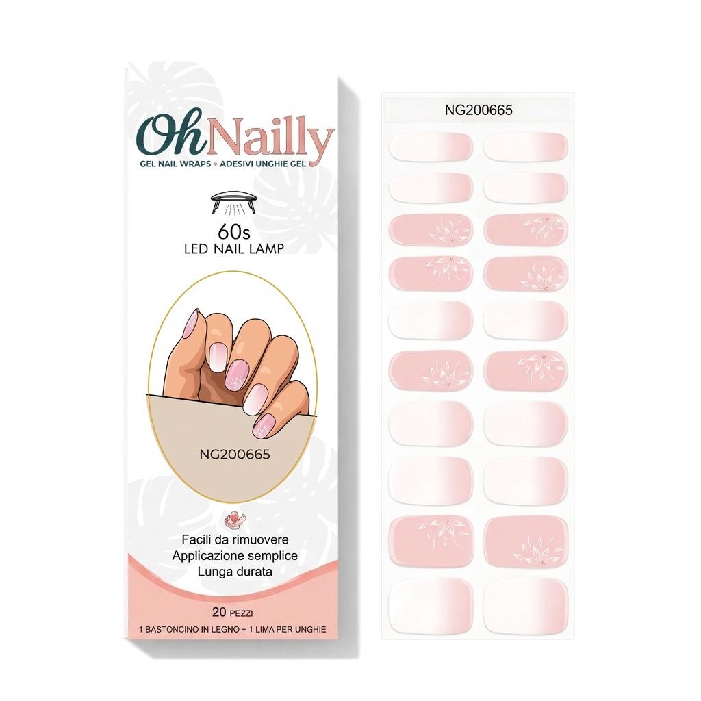 Smalto Semipermanente Adesivo in Gel OhNailly - baby boomer Rosa e Fiori | Gel Nail Wraps 20 Pezzi | Manicure Fai da Te Veloce