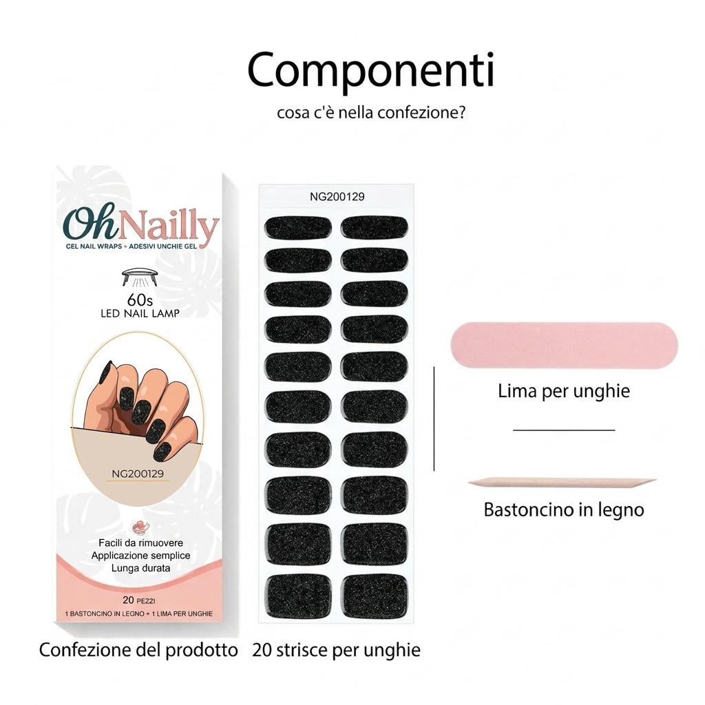 Smalto Semipermanente Adesivo in Gel OhNailly - Nero Glitter | Gel Nail Wraps 20 Pezzi | Manicure Fai da Te Veloce