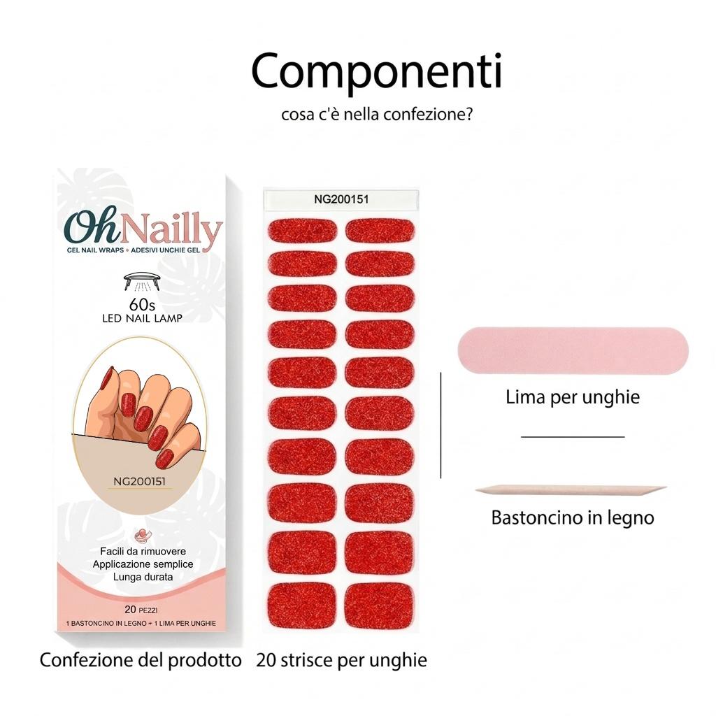 Smalto Semipermanente Adesivo in Gel OhNailly - Rosso Glitter | Gel Nail Wraps 20 Pezzi | Manicure Fai da Te Veloce