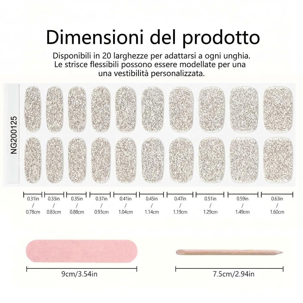 Smalto Semipermanente Adesivo in Gel OhNailly - Argentato Glitter | Gel Nail Wraps 20 Pezzi | Manicure Fai da Te Veloce