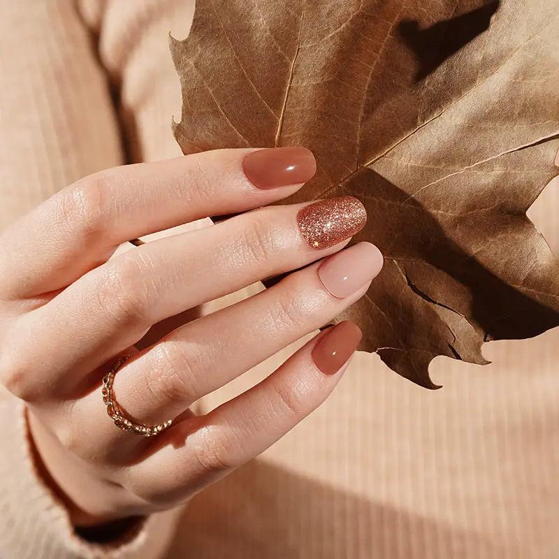 Smalto Semipermanente Adesivo in Gel OhNailly - Autunno Glitter Marrone | Gel Nail Wraps 20 Pezzi | Manicure Fai da Te Veloce