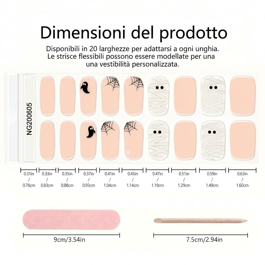 Smalto Semipermanente Adesivo in Gel OhNailly - Halloween Fantasmini | Gel Nail Wraps 20 Pezzi | Manicure Fai da Te Veloce