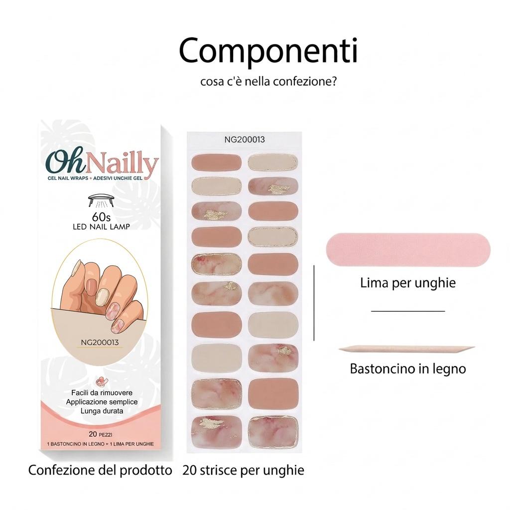 Smalto Semipermanente Adesivo in Gel OhNailly - Effetto Marmo | Gel Nail Wraps 20 Pezzi | Manicure Fai da Te Veloce