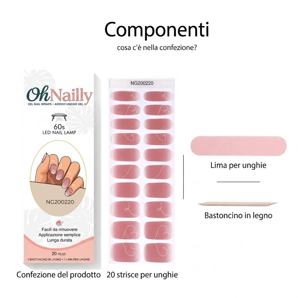 Smalto Semipermanente Adesivo in Gel OhNailly - Rosa Cuore | Gel Nail Wraps 20 Pezzi | Manicure Fai da Te Veloce