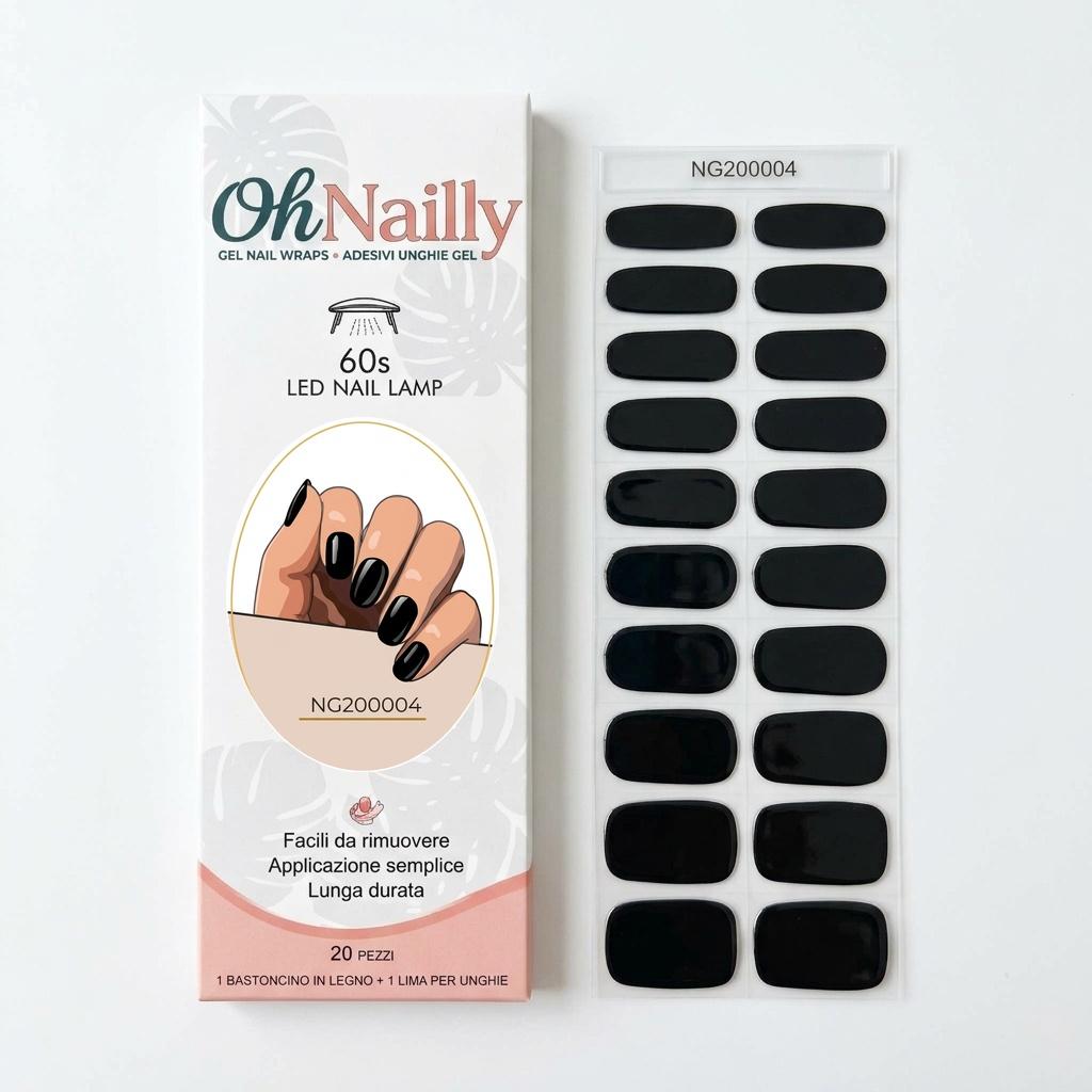 Smalto Semipermanente Adesivo in Gel OhNailly - Nero | Gel Nail Wraps 20 Pezzi | Manicure Fai da Te Veloce