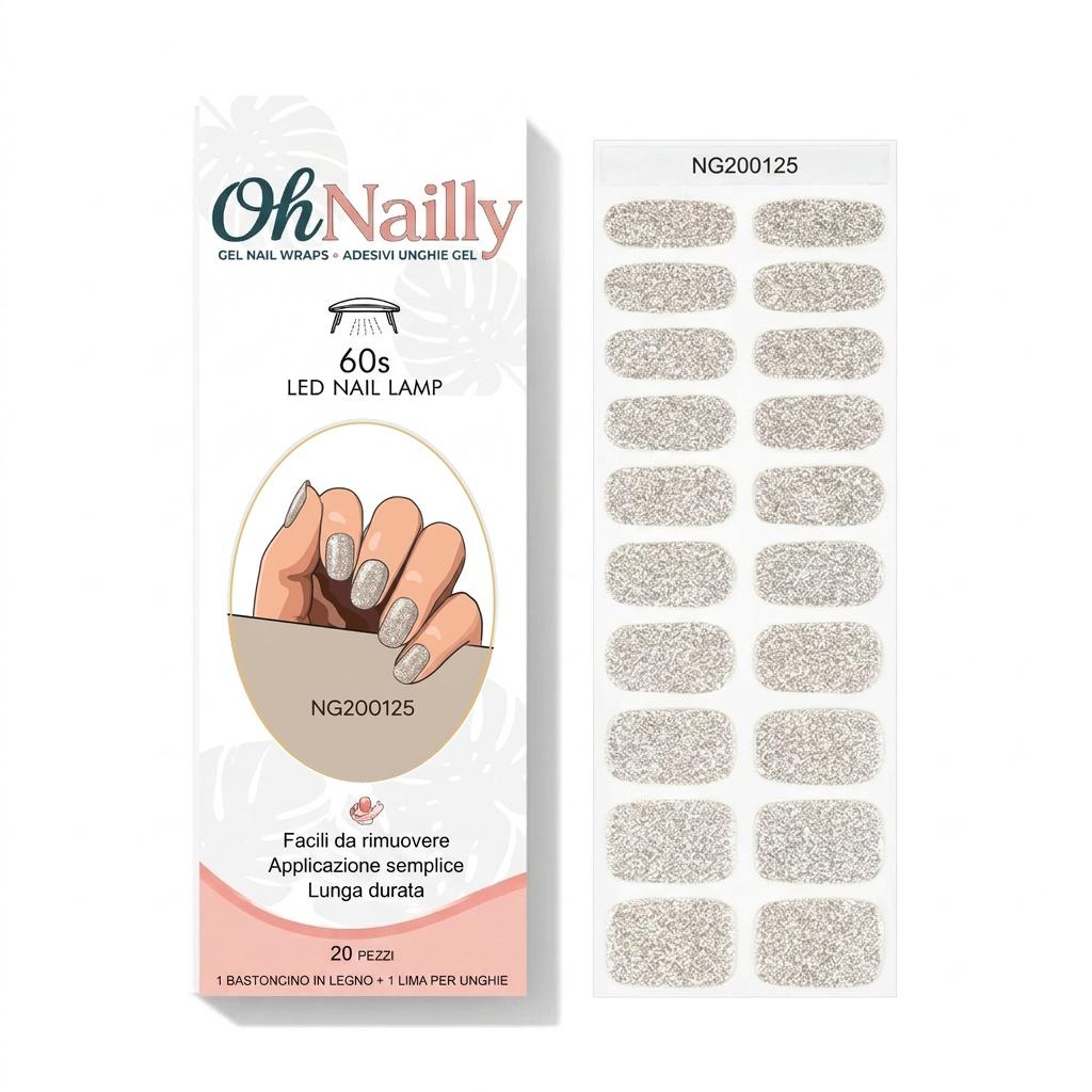 Smalto Semipermanente Adesivo in Gel OhNailly - Argentato Glitter | Gel Nail Wraps 20 Pezzi | Manicure Fai da Te Veloce