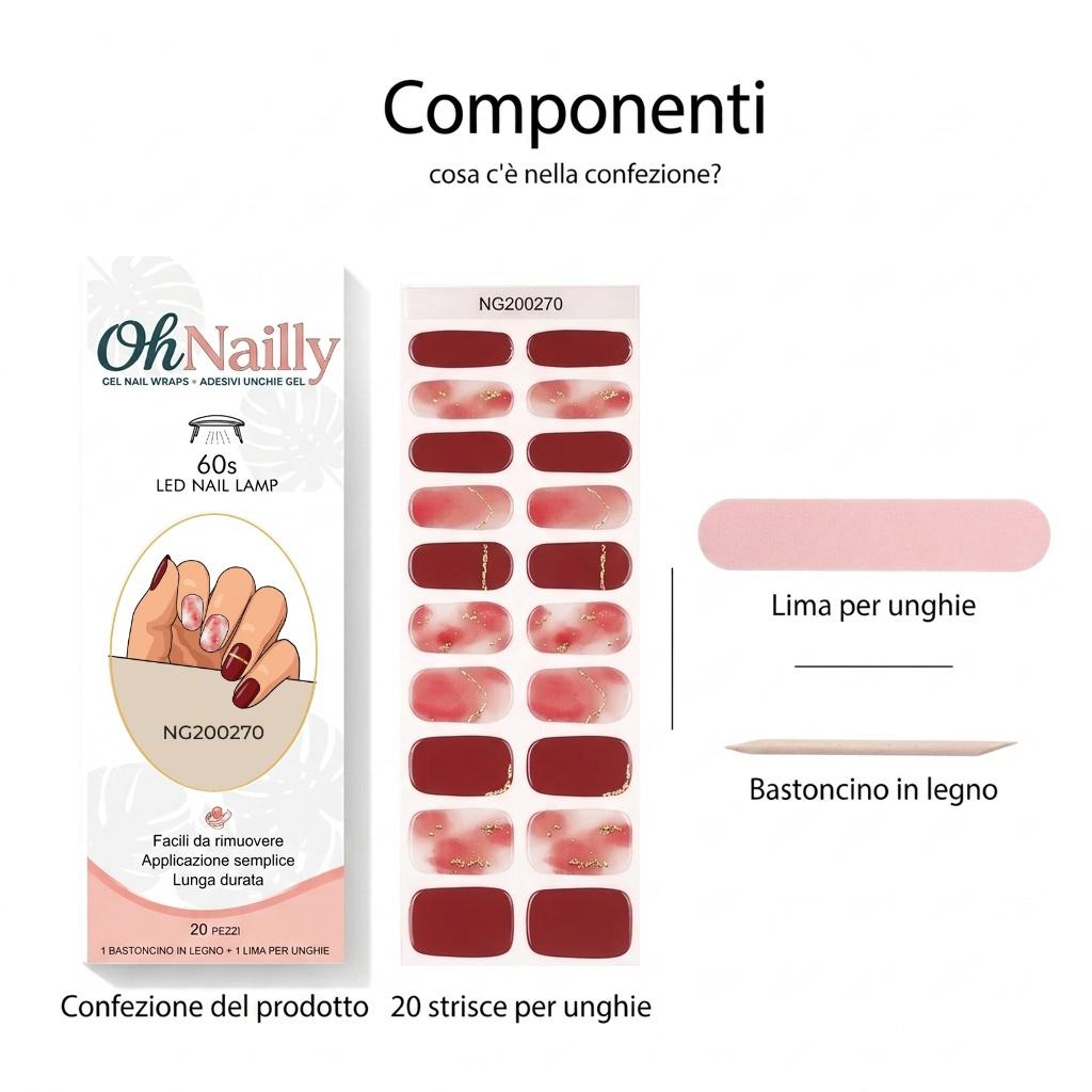 Smalto Semipermanente Adesivo in Gel OhNailly - Rosso e Rosa Sfumato | Gel Nail Wraps 20 Pezzi | Manicure Fai da Te Veloce