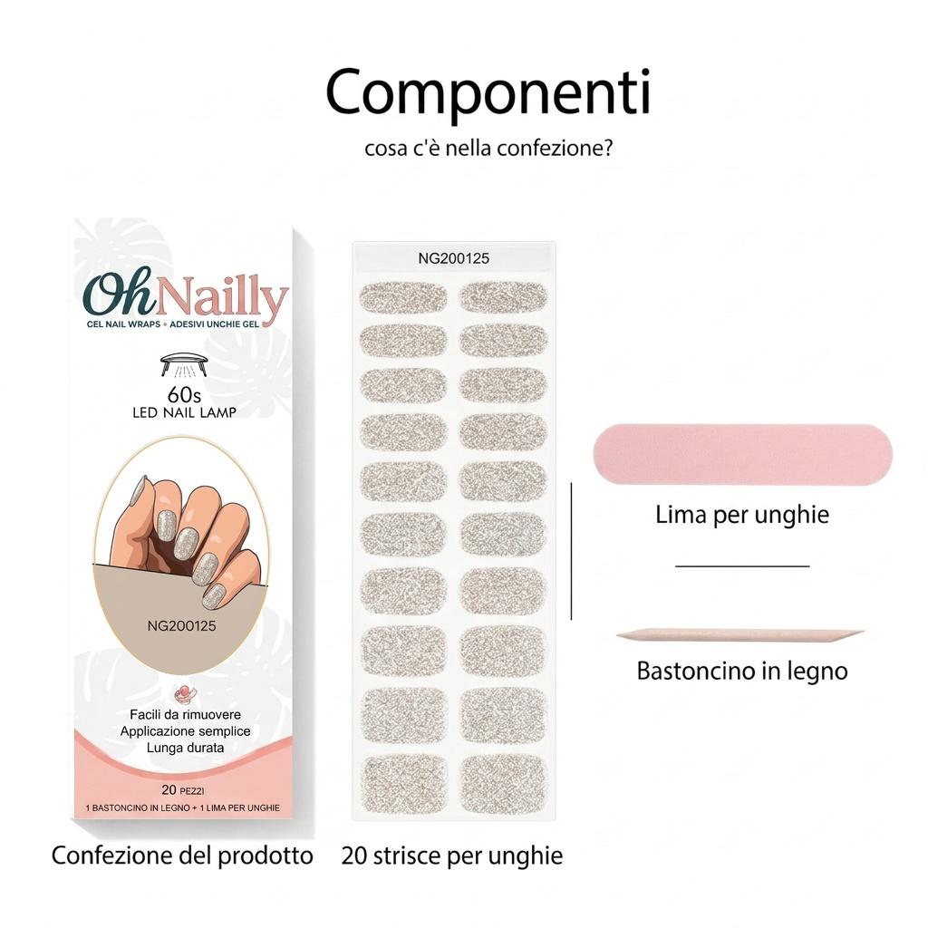 Smalto Semipermanente Adesivo in Gel OhNailly - Argentato Glitter | Gel Nail Wraps 20 Pezzi | Manicure Fai da Te Veloce