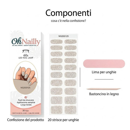 Smalto Semipermanente Adesivo in Gel OhNailly - Argentato Glitter | Gel Nail Wraps 20 Pezzi | Manicure Fai da Te Veloce