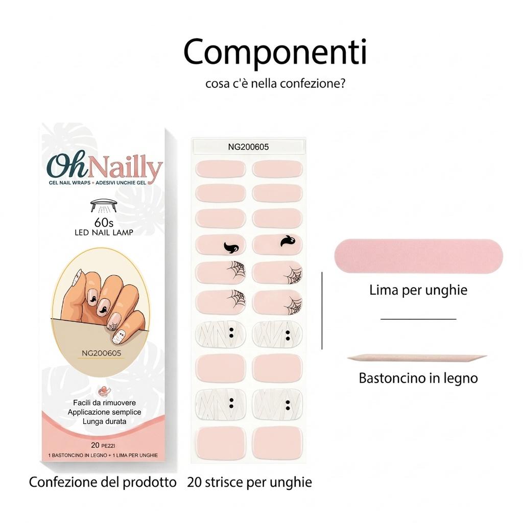 Smalto Semipermanente Adesivo in Gel OhNailly - Halloween Fantasmini | Gel Nail Wraps 20 Pezzi | Manicure Fai da Te Veloce