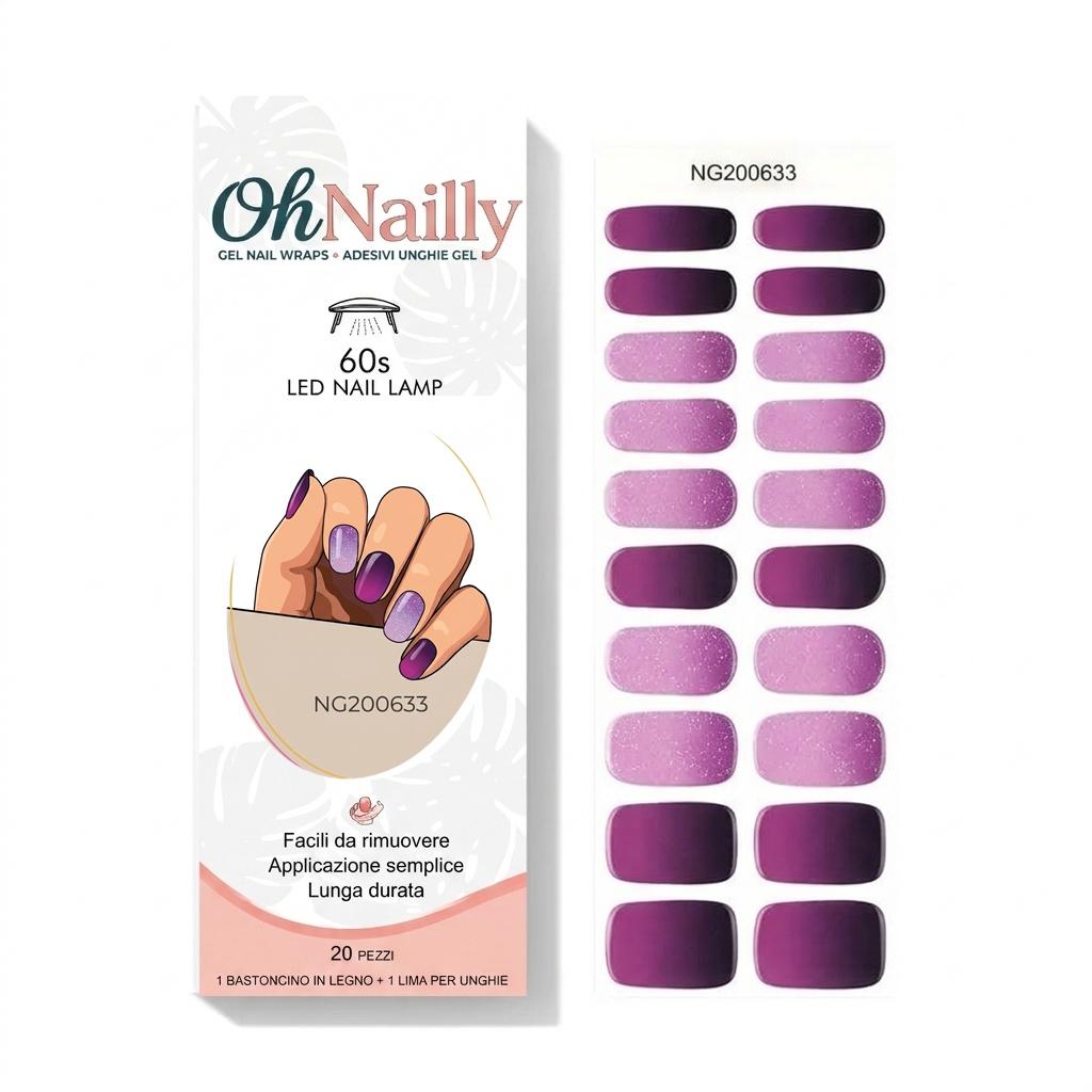 Smalto Semipermanente Adesivo in Gel OhNailly - Viola Glitter Ombré | Gel Nail Wraps 20 Pezzi | Manicure Fai da Te Veloce