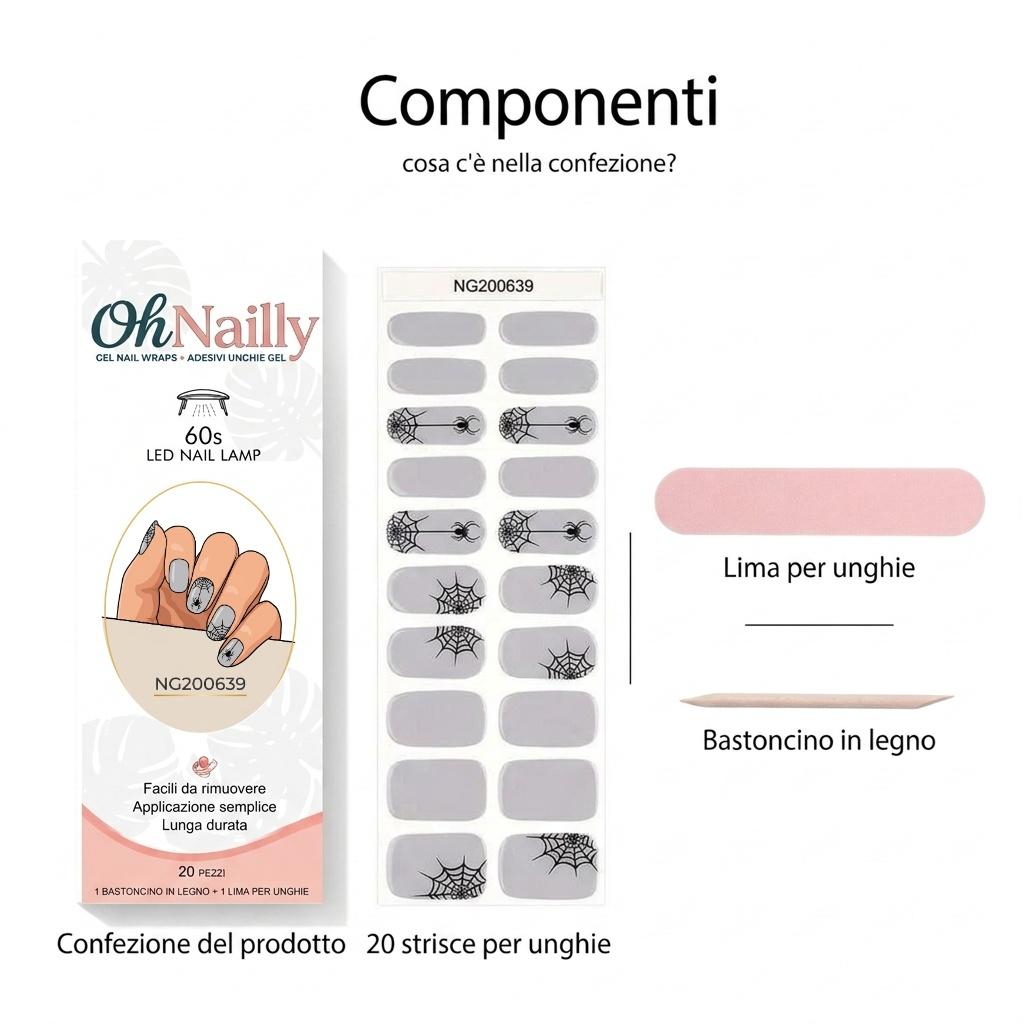 Smalto Semipermanente Adesivo in Gel OhNailly - Halloween Ragnatela | Gel Nail Wraps 20 Pezzi | Manicure Fai da Te Veloce
