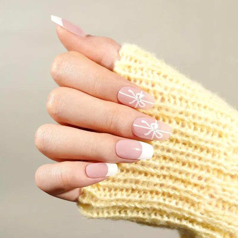 Smalto Semipermanente Adesivo in Gel OhNailly - French Rosa e Fiocco | Gel Nail Wraps 20 Pezzi | Manicure Fai da Te Veloce