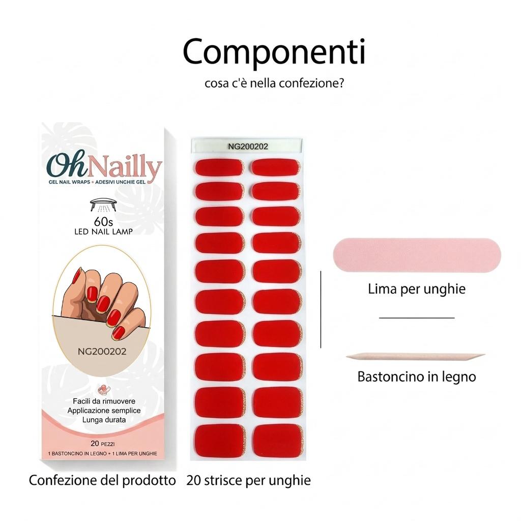 Smalto Semipermanente Adesivo in Gel OhNailly - French Rosso | Gel Nail Wraps 20 Pezzi | Manicure Fai da Te Veloce