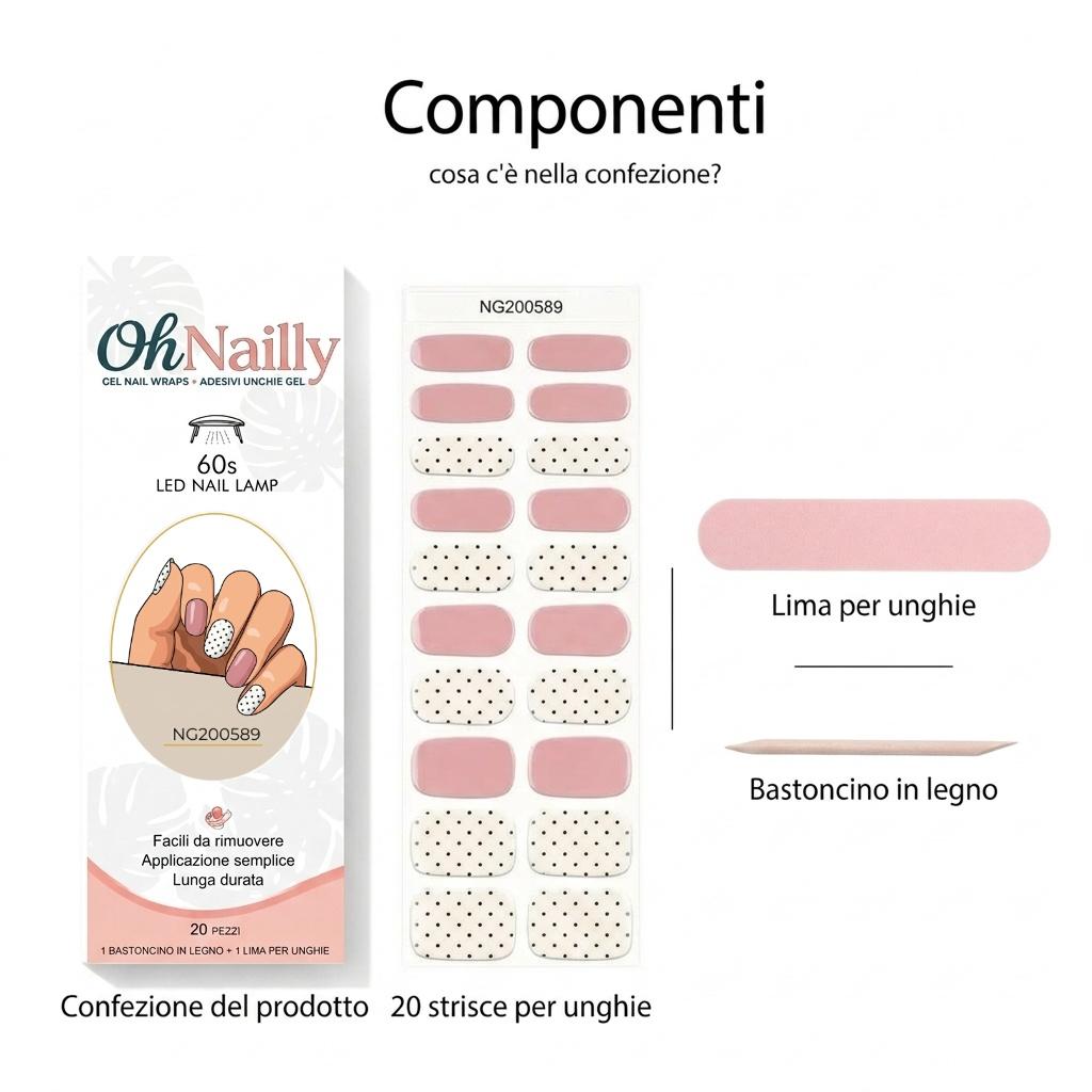 Smalto Semipermanente Adesivo in Gel OhNailly - Rosa e Pois | Gel Nail Wraps 20 Pezzi | Manicure Fai da Te Veloce
