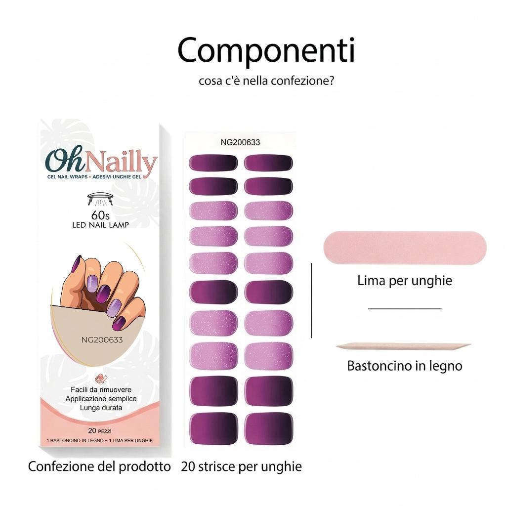 Smalto Semipermanente Adesivo in Gel OhNailly - Viola Glitter Ombré | Gel Nail Wraps 20 Pezzi | Manicure Fai da Te Veloce