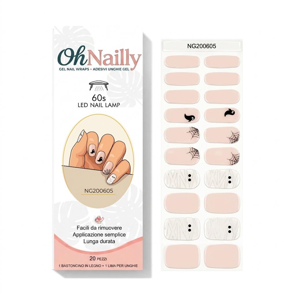 Smalto Semipermanente Adesivo in Gel OhNailly - Halloween Fantasmini | Gel Nail Wraps 20 Pezzi | Manicure Fai da Te Veloce