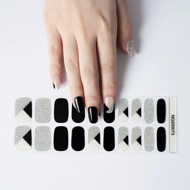 Smalto Semipermanente Adesivo in Gel OhNailly - Glitter Nero Argento e Bianco | Gel Nail Wraps 20 Pezzi | Manicure Fai da Te Veloce