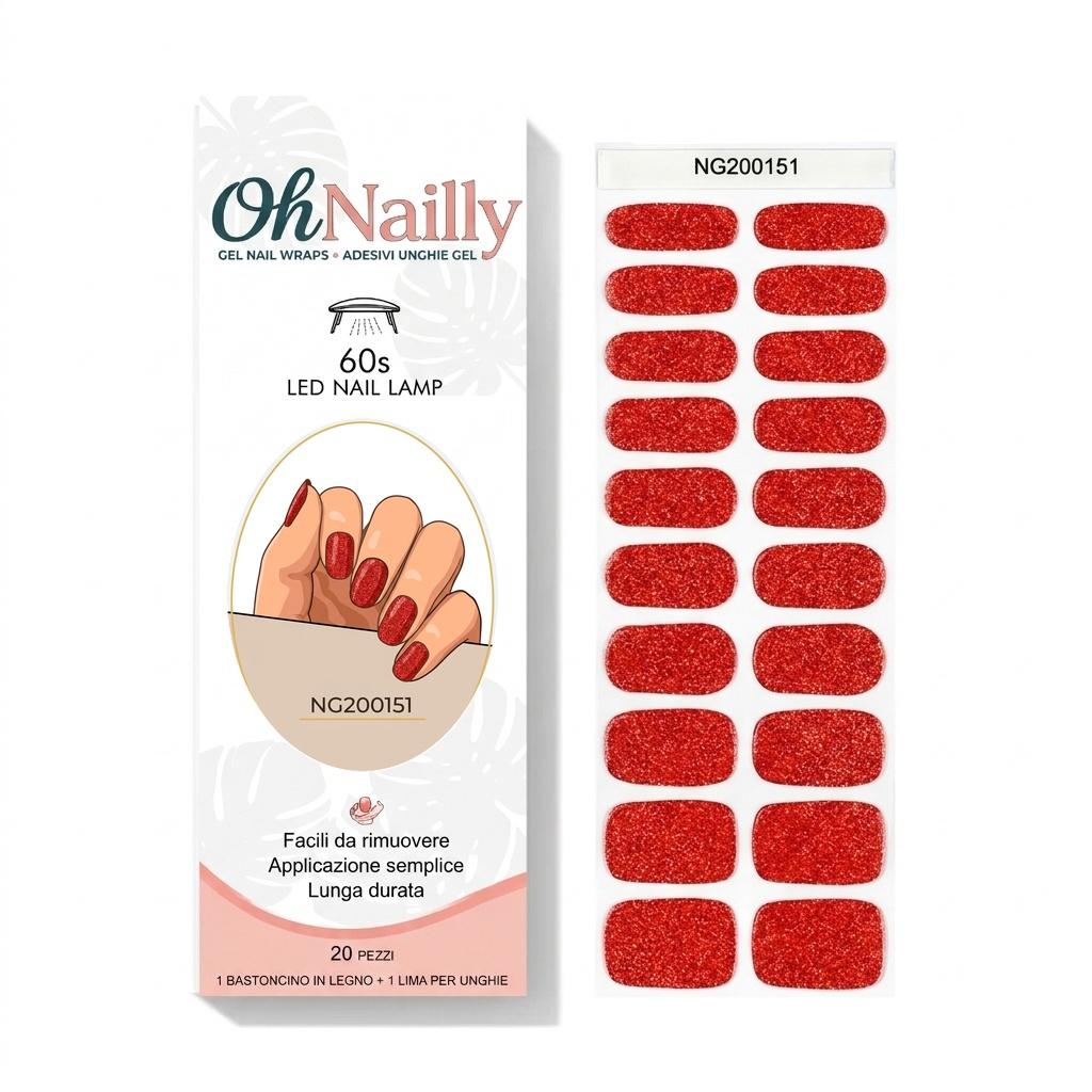Smalto Semipermanente Adesivo in Gel OhNailly - Rosso Glitter | Gel Nail Wraps 20 Pezzi | Manicure Fai da Te Veloce